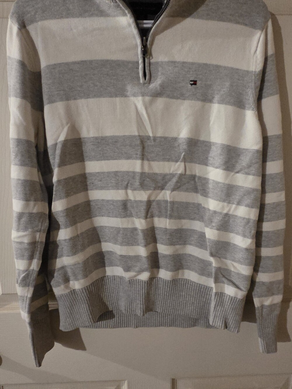 Tommy Hilfiger Men’s Grey and White Striped Zip-Up Sweater